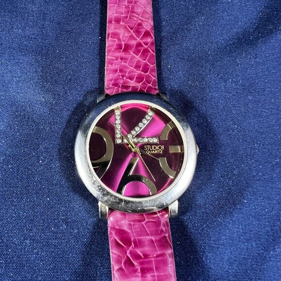 Studio Time Quartz Pink Watch With Croc-Embossed Leather Band & Bold Gold Numera - Picture 2 of 2